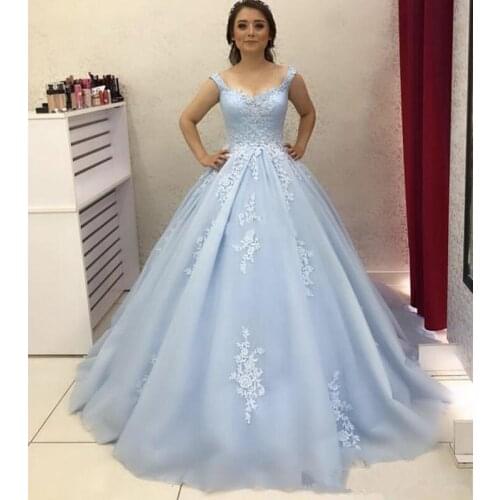 Sky Blue Quinceanera Dresses Elegant Dresses Appliques Sweep Train Formal Party Prom Gowns Plus Size Vestidos De Fiesta