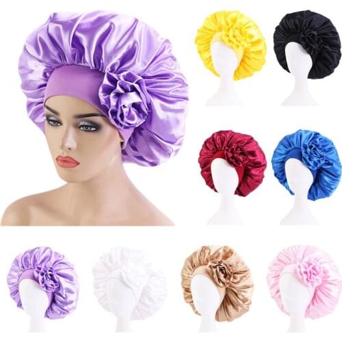 New Fashion Women Satin Night Sleep Cap Hair Bonnet Hat Big Flower Head Cover Wide Elastic Band Super Beanies Skullies Chemo Cap