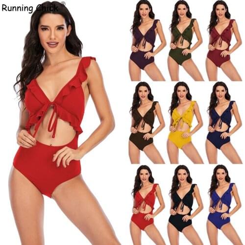 2021 New Bikini Solid-color Flying Edge Hollow Tie Multi-colored Jumpsuit Girl, Swimsuit Women One Piece