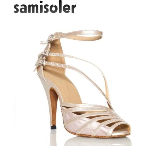 Samisoler Skin/Silver/Black New Cloth Collocation Shine Ribbons Ballroom Fashion Dance Women Latin Dance Competition Shoes