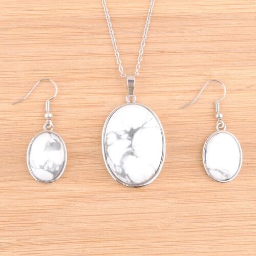2 Sets Pendants Dangle Earrings Necklace Jewelry Set Oval Natural Stone White Turquoises Bead Reiki Jewelry Chain 45cm TQ3127