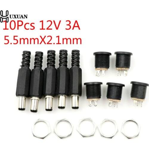 10 pcs 12V 3A Plastic Male Plugs + Female Socket Panel Mount Jack DC Power Connector Electrical Supplies 5.5mm x 2.1mm