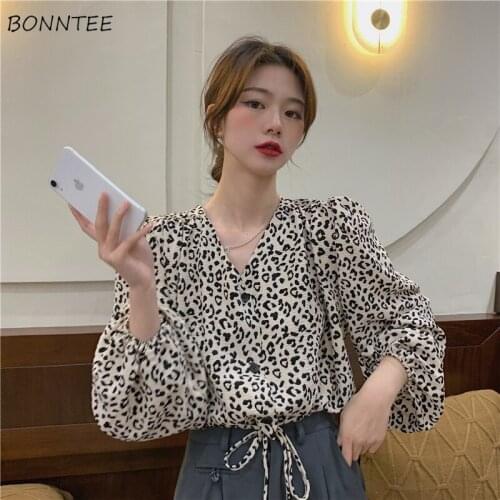 Leopard Shirts Women Vintage Fashion V-neck Leisure Long Sleeve Loose All-match Stylish Korean Style Office Lady Summer Female