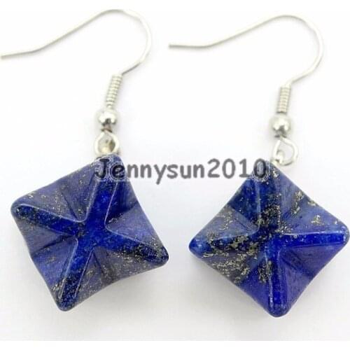 Natural Lapis Lazuli Gems Stone Merkaba Healing Reiki Chakra Pendant Silver Plated Hook Earrings Set 5 Pairs/Pack