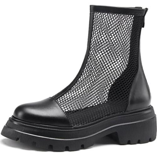 Mesh Upper Summer Boots Women Real Cowhide Leather Comfortable Square Heel Martin Shoes Fashion Latest Popular Designed