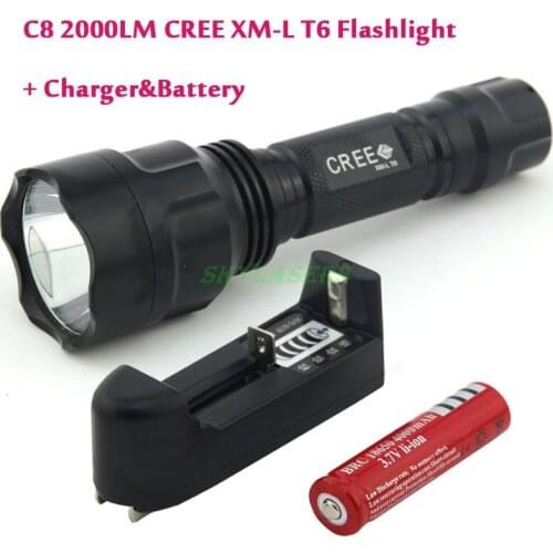 Classic Style C8 XM-L T6 LED 5-Mode Flashlight Torch light with 18650 Rechargeable battery and Charger