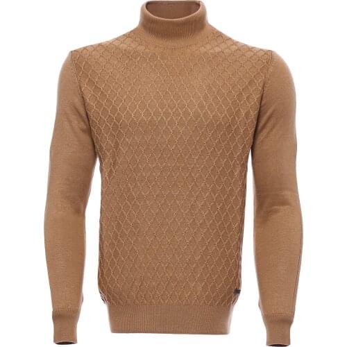 Patterned Camel Half Turtleneck Sweater