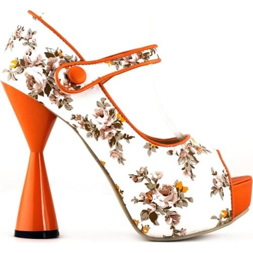LF40811 Blue Chinese Ink Painting Floral Print Platform Mary Jane Cone Heel Pumps