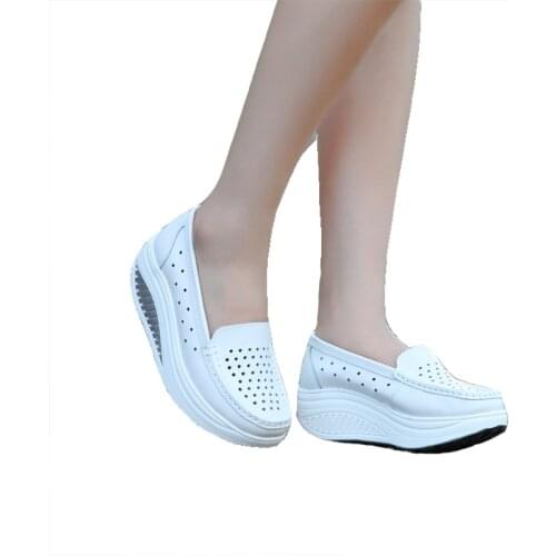 2021 Pumps Woman Shoe Summer genuine leather cutout breathable swing shoes white nurse shoes wedges heighten mother shoes