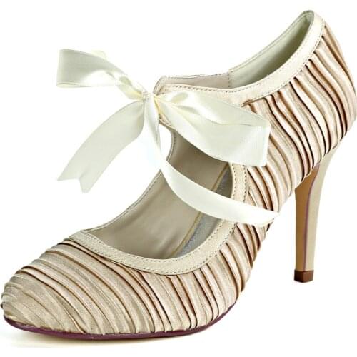 Vintage Mary Jane Lace up Bridal Wedding High Heels Pleated Satin Lady Shoes Rounded Toe Ribbon Tie Prom Birthday Party Pumps