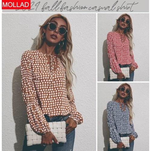 2021 European and American Fall Womens Clothing Pullover round Neck Long Sleeves Polka Dot Chiffon Shirt Commuter Womens Shirt