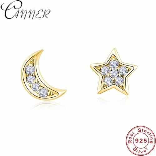 CANNER 100% 925 Solid Sterling Silver Moon and Star Asymmetric Stud Earrings for Women Fashion Jewelry Charming CZ Small Earring