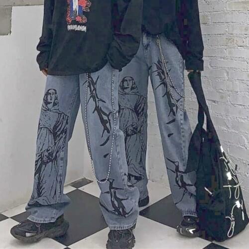 Summer 2021 Trend Design Street Hip-hop Printing High Waist Elastic Fabric Jeans Wide Leg Pants Pocket Denim Girls Fashion