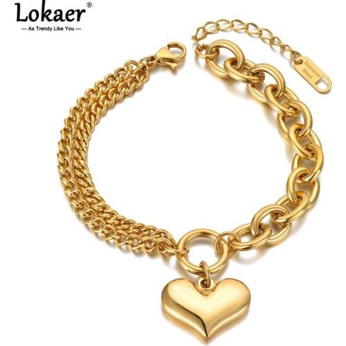 Lokaer Fashion Stainless Steel 3D Heart Charm Bracelets For Women Girls Bohemia Party Big Chain & Link Bracelet Jewelry B21068