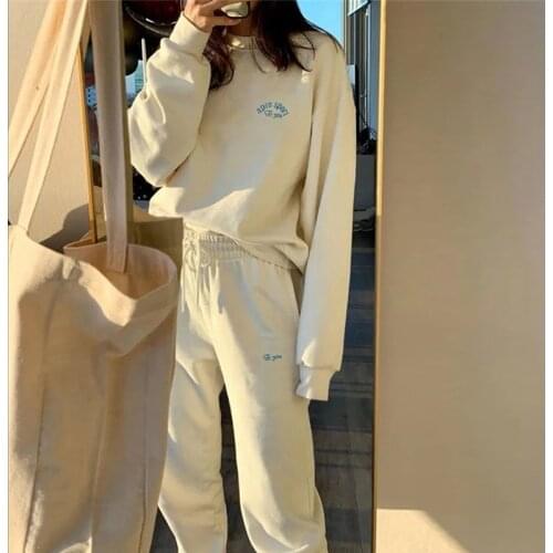 Women Embroidery Fleece Sweatshirt Pants Sets O-neck Long Sleeve Lace Up Pant Suit Female 2021 Autumn Lady Casual Sportswear Set