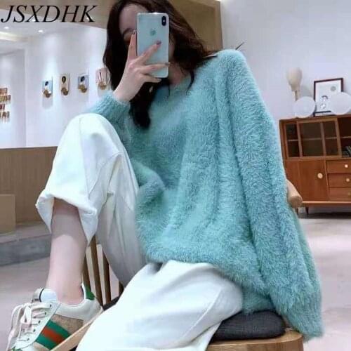 JSXDHK Oversize Loose Women Mohair Knitted Soft Sweaters 2021 Autumn Winter Mink Cashmere Thicked Warm O Neck Pullovers Jumper