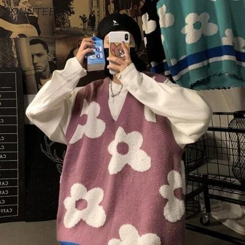 Sweater Vest Women Sleeveless V-neck Unisex BF Streetwear Loose Flowers Students Chic Vintage Lovely Couple Elegant Ins Knitwear