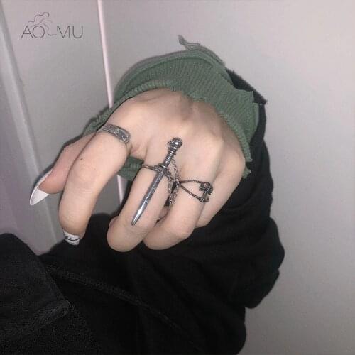 AOMU New 2020 Punk Made Old Retro Skull Sword Siamese Chain Movable Plug-in Circle Metal Finger Ring for Women Hip Hop Jewelry