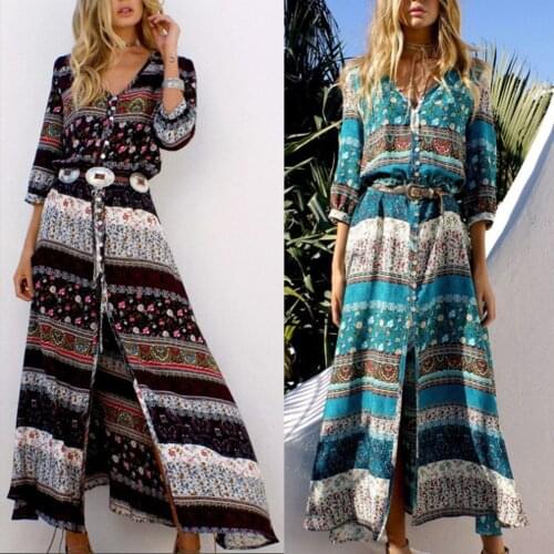 2021 Summer Boho Floral Print Dress Women Lantern Middle Sleeve Pleated Dresses V Neck Beach Dress Female Roupa Feminina