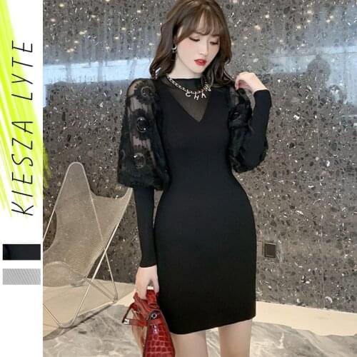 Women Knitting Dress Winter New Spirng Sexy Lace Lantern Long Sleeve Stitching Slim Body Mini Sweater Dresses Vestido De Mujer