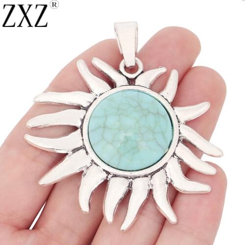 ZXZ 2pcs Tibetan Silver Large Turquoise Stone SunFlower Charms Pendants for Necklace Jewelry Making Findings 66x60mm