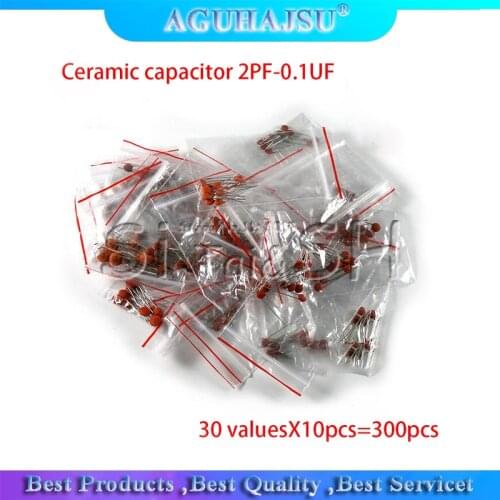 30 valuesX10pcs=300pcs Ceramic capacitor 2PF-0.1UF 2PF 3PF 680PF 1NF 1.5NF 68NF 100NF 0.1UF ETC component diy samples kit