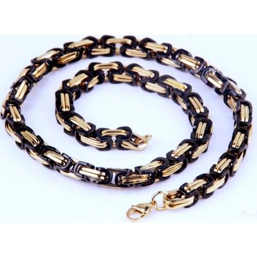 7"-40" Choose 8MM 316L Stainless Steel Black Gold P;ated Byzantine Double Link Chain Mens Necklace or Bracelet Bangle Jewelry