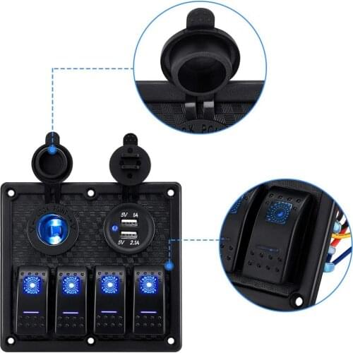 ABS 4 Gang Switch Panel Dual USB Socket Cigarette Lighter Breaker Overload Protector Waterproof RV Yacht Marine Boat Car