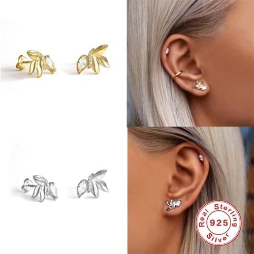Aide 925 Sterling Silver Gold Olives Shape Stud Earring For Women Gift Piercing Ovals Leafs Zircon Earrings Ohrringe Pendiente