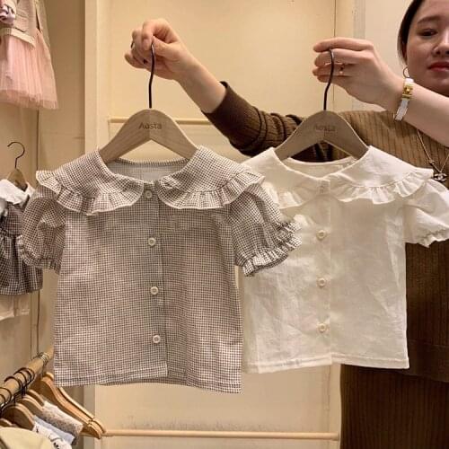 Childrens Clothing Summer Childrens Baby Plaid Small Shirt Lapel Cute Puff Sleeves with Short Sleeves