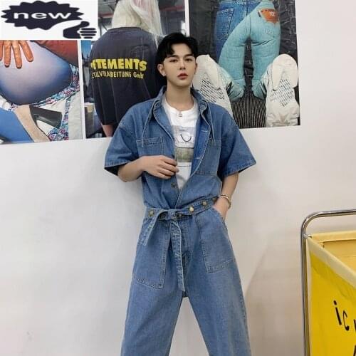 Harajuku Mens One Piece Short Sleeve Jeans Overalls Loose Jumpsuit Male Vintage Washed Hip Hop Denim Rompers Belted Cargo Pants