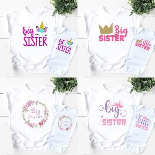 Big Sister Little Sister Girls T shirt & Baby Rompers Cartoon Unicorn Flower Crown Print T-shirts Kids Matching Outfits Clothes
