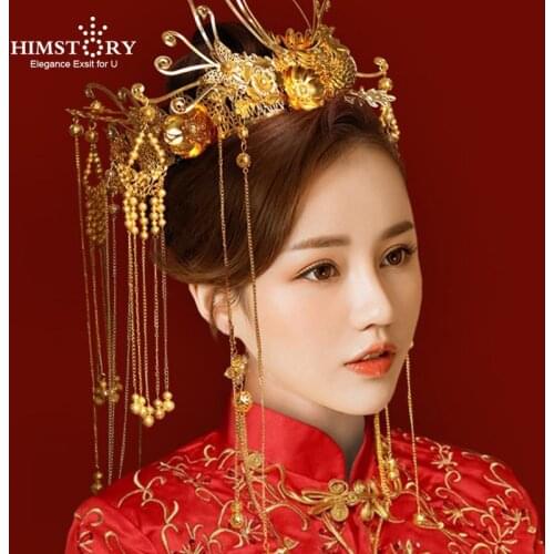 HIMSTORY New Chinese Phoenix Long Tassel Wedding Hairwear Vintage Headpiece Retro Chinese Wedding Hair Accessories