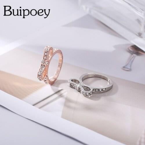 Buipoey Fashion Rose Gold Shiny Bow-knot Rings For Women Original Girl Crystal Silver Color Rings Couple Engagement Party Gift