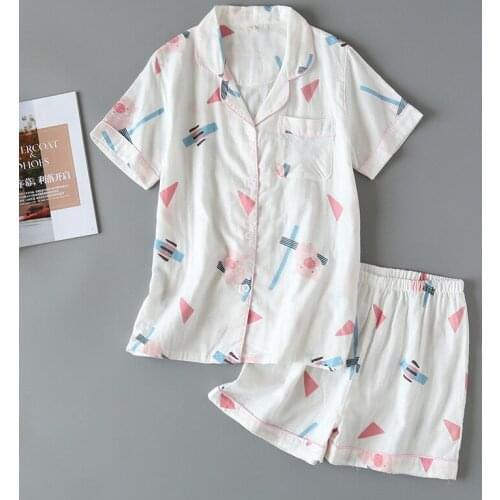 Summer Shorts Set Cotton Gauze Piglet Short-sleeved Shorts Pajamas Cardigan Lapel Casual V-neck Cute Printing Home Sleep Wear