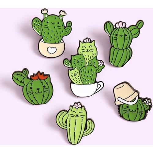 Creative cute cartoon cactus cat shape metal Brooch green plant flower pot pin decoration clothing bag hat accessories