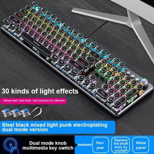30 Color Mechanical Gaming Keyboard Retro Punk Electroplating Knob Luminous Mechanical Keyboard Computer Game Wireless Keyboard