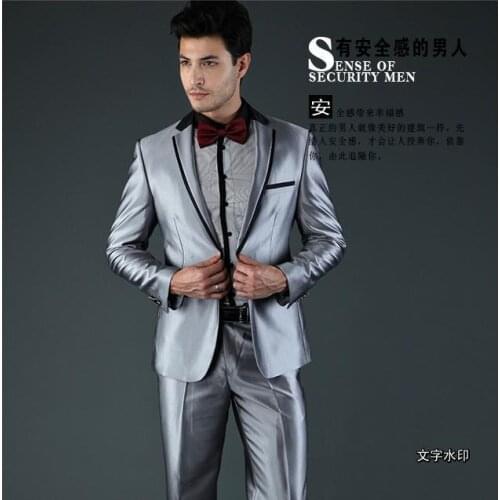 2017 Latest Coat Pant Design Sliver Grey Satin Men Suit Prom Jacket Stage Blazer Slim Fit Custom 2 Piece Groom Tuxedo Masculino
