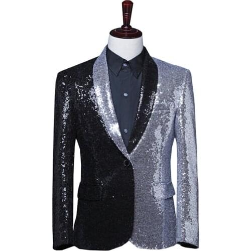 Mens Silver Black Contrast Shiny Sequins Blazer Jacket 2021 Stylish Shawl Collar 1 Button Nightclub Stage Prom Blazer Masculino