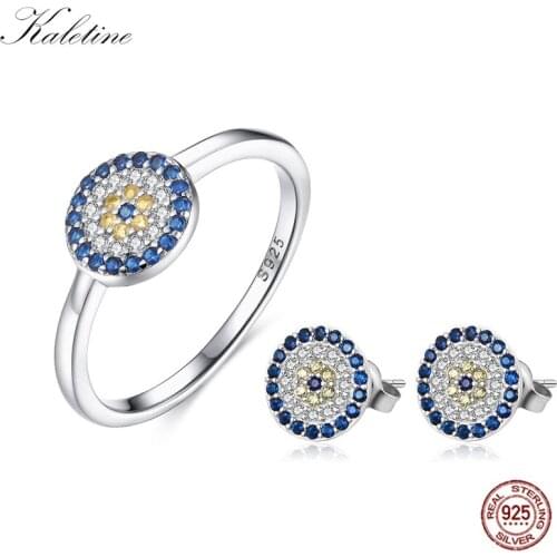 KALETINE Blue Luck Evil Eye Turkey Jewelry Sets Round CZ Ring Tiny Stud Earings Fashion Gifts For Women Bridal Jewelry Sets