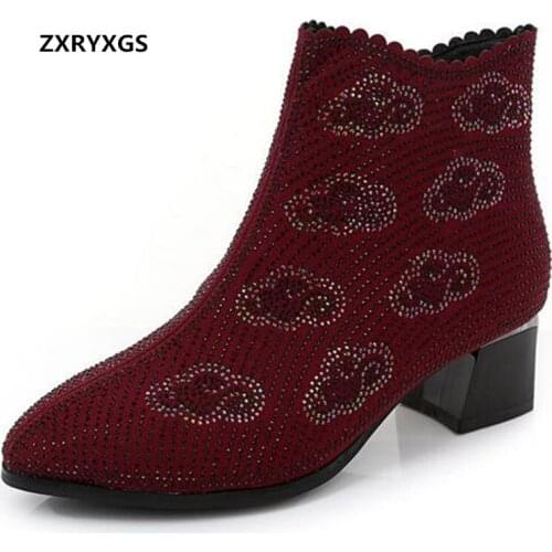 New Fashion Microfiber Rhinestones Shoes Womens Boots Thick with High Heels Elegant Warm Shoes Woman Winter Boots Large Size