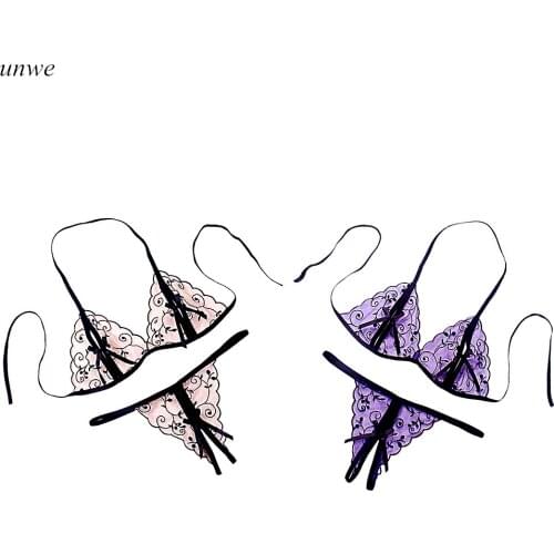 Open Sexy Sleepwear Exotic Underwear Sex Costumes Crotchless Thong+ Bra Micro Lace Bikini Clubwear Double Bow