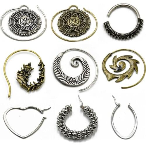 PAIR Fashion Brass Copper Tribal Indian Spiral Drop Earring Weight Charming Lotus Flower Vintage Surya Hoop Ear Piercing Jewelry