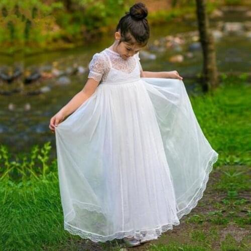Simple White Flower Girl Dresses Pageant Lace Applique Tulle Short Sleeve Princess Formal Occasion Holy Communion Dresses