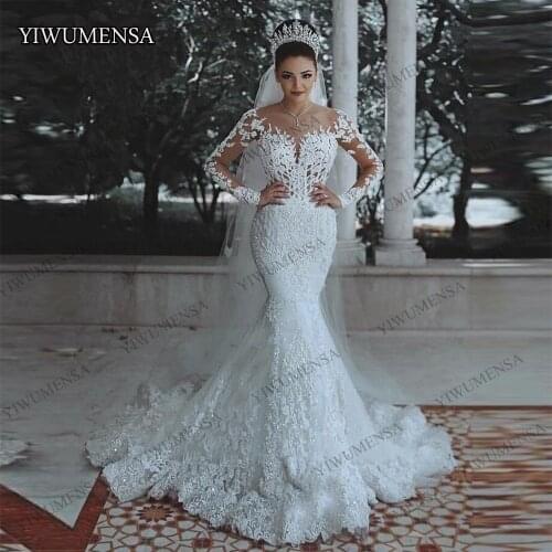Real Photo Mermaid Long Sleeves Wedding Dress 2020 Luxury Backless Lace Appliques Bridal Gowns Dubai Arabic White Bride Dresses