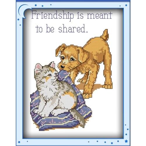 Handmade Friendship printed words Cross Stitch Kits Dog and cat pattern canvas Embroidery Needlework set Easy Cross-stitch 14CT