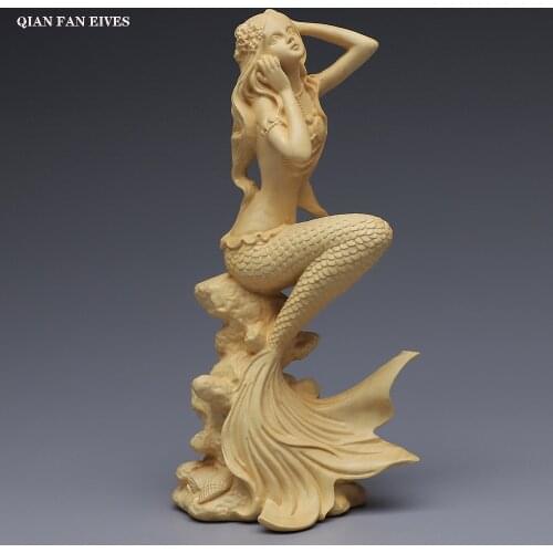 Hand carved wooden mermaid statue，Modern art sculpture, Cute home decoration accessories,Solid wood figurines free delivery