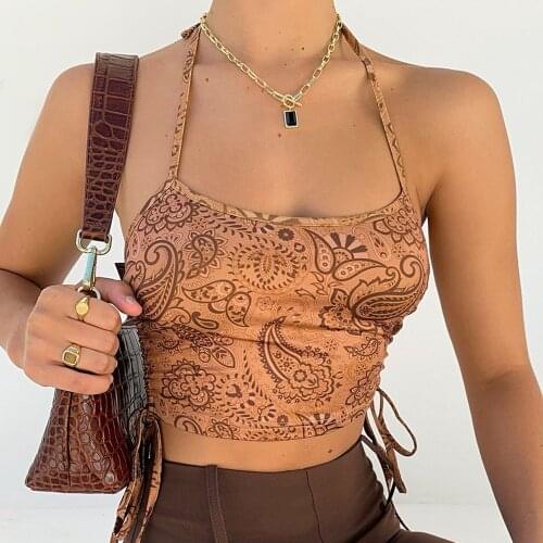 Sexy Crop Halter Top FLORAL STORY Women Summer Korean Backless Shirring Tees Vintage Harajuku Y2K 2021 Aesthetic 90s Camisole