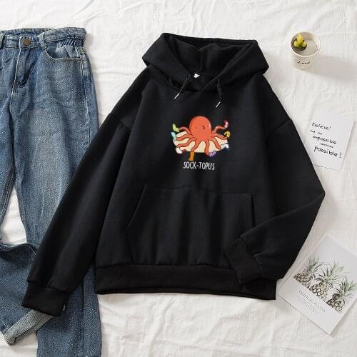 Funny Harajuku Women Sweatshirts and Hoodies Octopus Cartoon Graphic Pullover Girls Oversize Streetwear with Hood Cotton Clothes