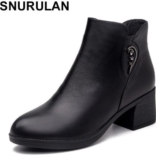 SNURULAN 2019 Autumn and winter women high-heeled ankle boots women genuine leather shoes with pointed toe and rhinestones